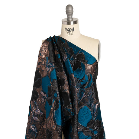 Metallic Copper, Black and Teal Floral Luxury Brocade