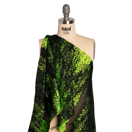 Metallic Black and Lime Green Drifting Rifts Crinkled Luxury Burnout Brocade