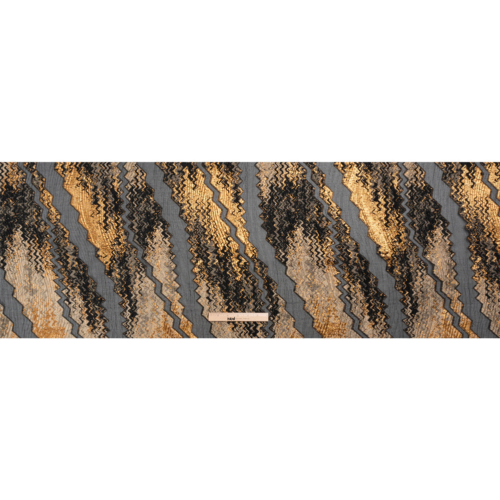 Metallic Gold, Taupe and Black Drifting Rifts Crinkled Luxury Burnout Brocade