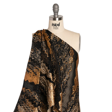 Metallic Gold, Taupe and Black Drifting Rifts Crinkled Luxury Burnout Brocade