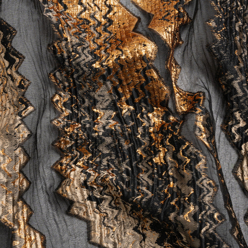 Metallic Gold, Taupe and Black Drifting Rifts Crinkled Luxury Burnout Brocade