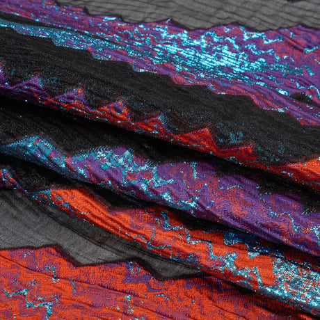 Metallic Turquoise, Brick and Purple Drifting Rifts Crinkled Luxury Burnout Brocade