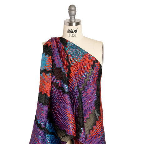 Metallic Turquoise, Brick and Purple Drifting Rifts Crinkled Luxury Burnout Brocade