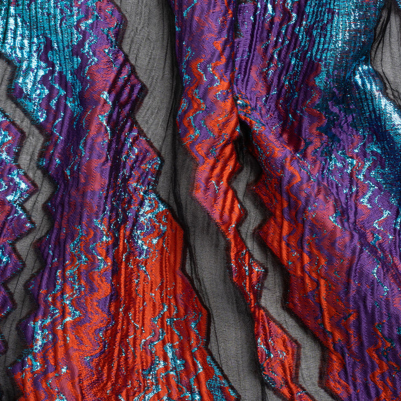 Metallic Turquoise, Brick and Purple Drifting Rifts Crinkled Luxury Burnout Brocade