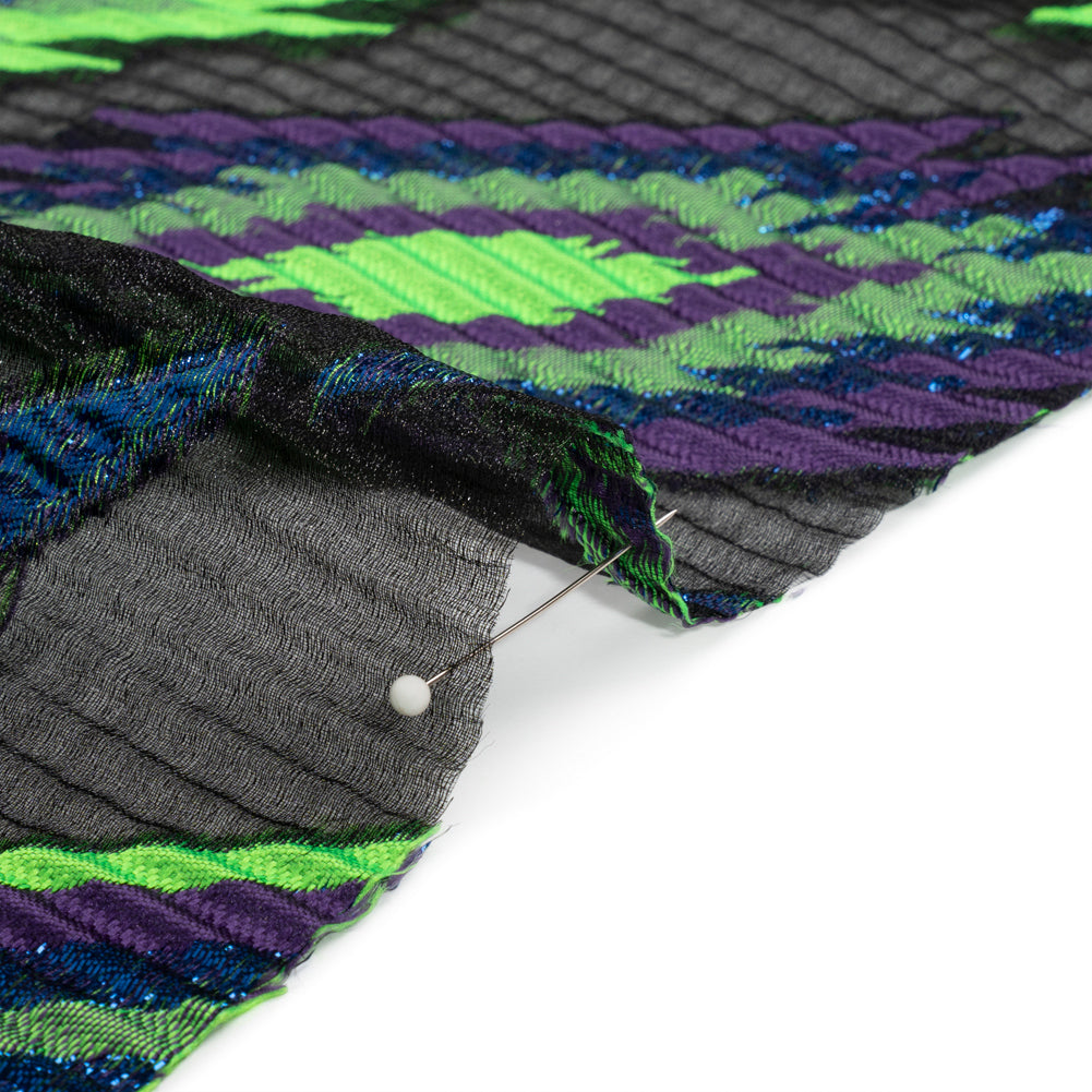Metallic Blue, Purple and Lime Exploding Stars Ribbed Luxury Burnout Brocade