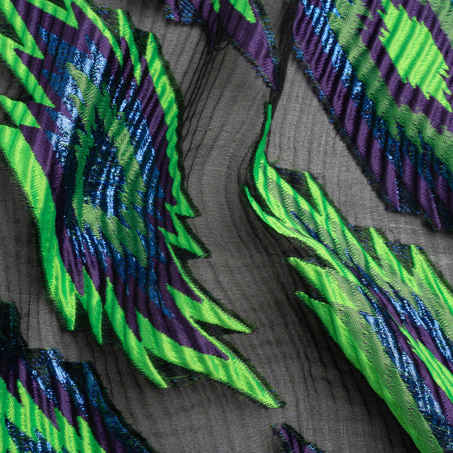 Metallic Blue, Purple and Lime Exploding Stars Ribbed Luxury Burnout Brocade