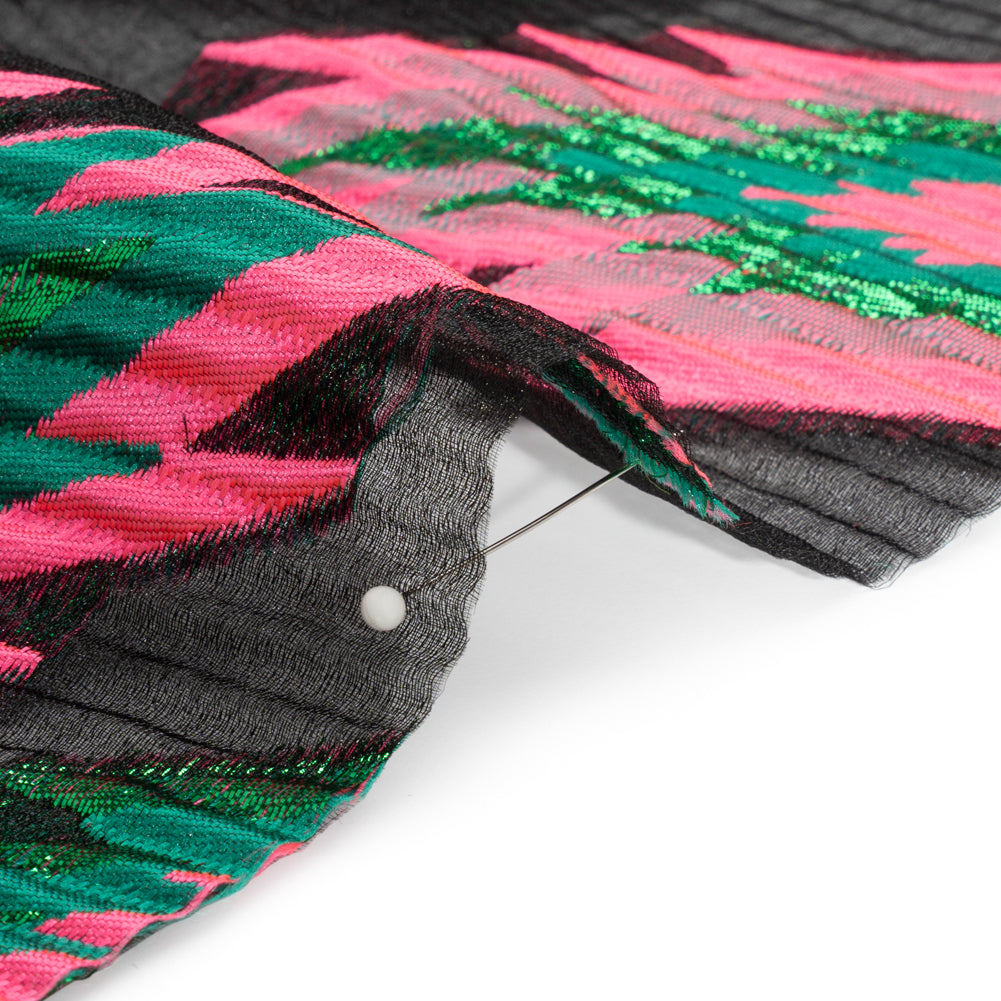Metallic Green, Hot Pink and Black Exploding Stars Ribbed Luxury Burnout Brocade