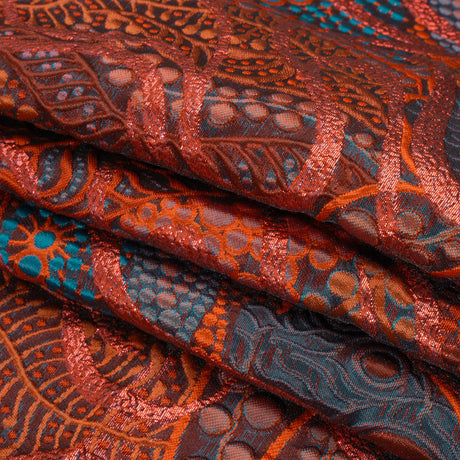 Metallic Red, Burnt Orange and Navy Organic Flow Luxury Brocade