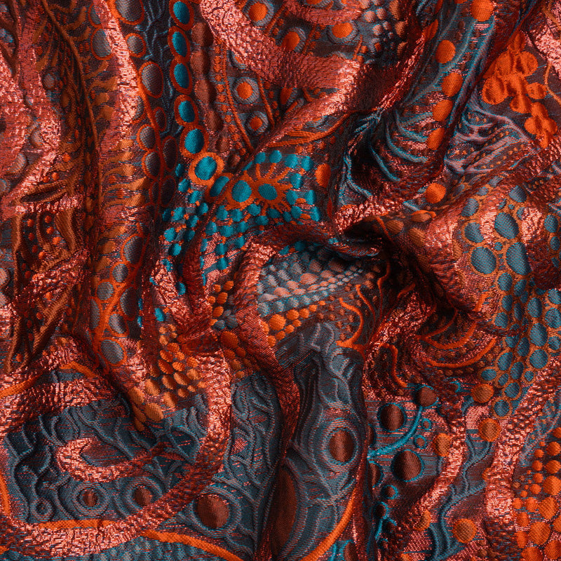 Metallic Red, Burnt Orange and Navy Organic Flow Luxury Brocade