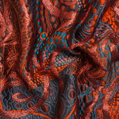 Metallic Red, Burnt Orange and Navy Organic Flow Luxury Brocade