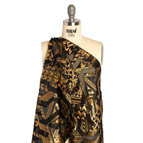 Metallic Gold and Black Geometric Pathways Luxury Burnout Brocade