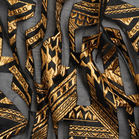 Metallic Gold and Black Geometric Pathways Luxury Burnout Brocade