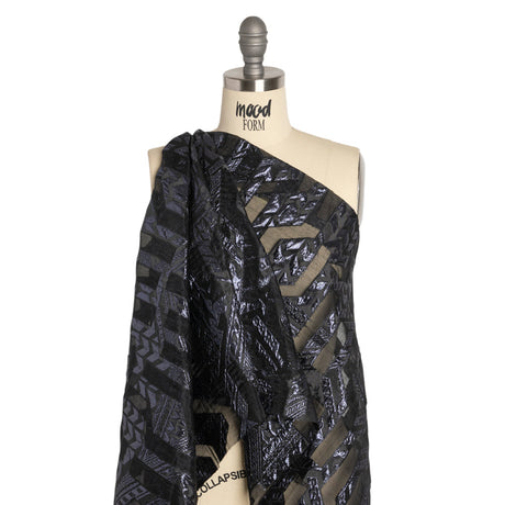 Metallic Midnight and Black Geometric Pathways Luxury Burnout Brocade