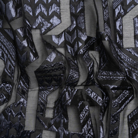 Metallic Midnight and Black Geometric Pathways Luxury Burnout Brocade