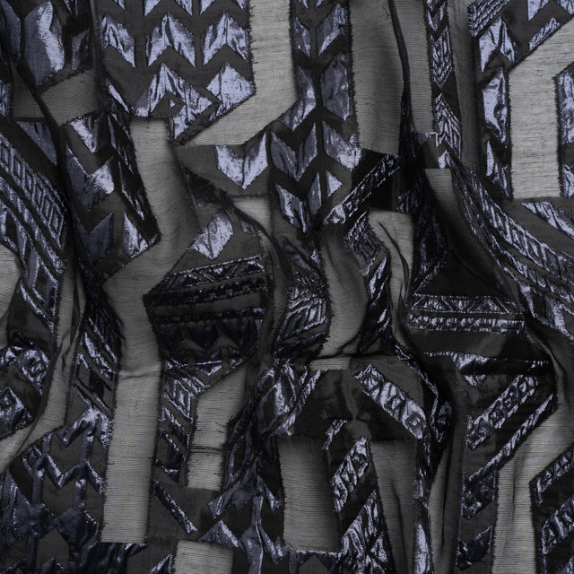 Metallic Midnight and Black Geometric Pathways Luxury Burnout Brocade
