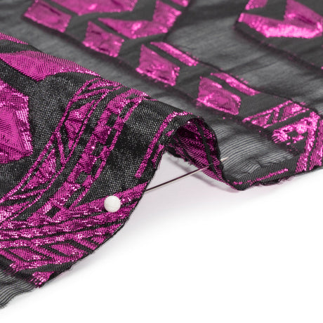 Metallic Fuchsia and Black Geometric Pathways Luxury Burnout Brocade