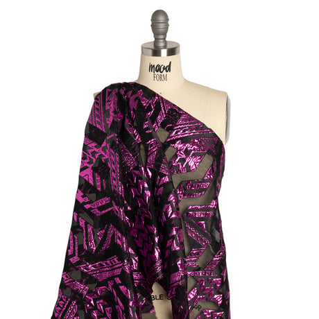 Metallic Fuchsia and Black Geometric Pathways Luxury Burnout Brocade