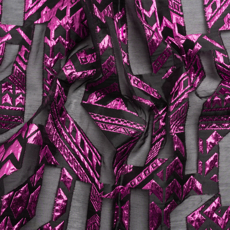 Metallic Fuchsia and Black Geometric Pathways Luxury Burnout Brocade