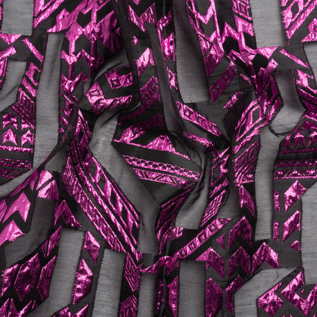 Metallic Fuchsia and Black Geometric Pathways Luxury Burnout Brocade