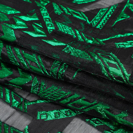 Metallic Kelly Green and Black Geometric Pathways Luxury Burnout Brocade