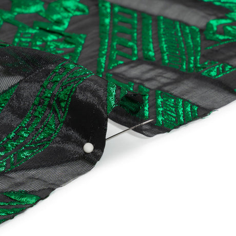 Metallic Kelly Green and Black Geometric Pathways Luxury Burnout Brocade