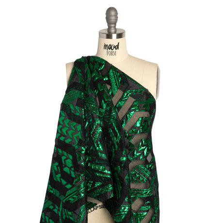 Metallic Kelly Green and Black Geometric Pathways Luxury Burnout Brocade