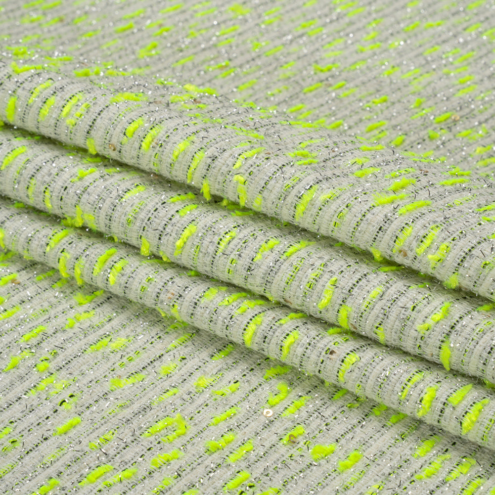 Chenille Woven with Sequins and Eyelash Fringe - White, Neon Yellow and Metallic Silver