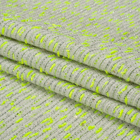 Chenille Woven with Sequins and Eyelash Fringe - White, Neon Yellow and Metallic Silver