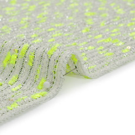 Chenille Woven with Sequins and Eyelash Fringe - White, Neon Yellow and Metallic Silver