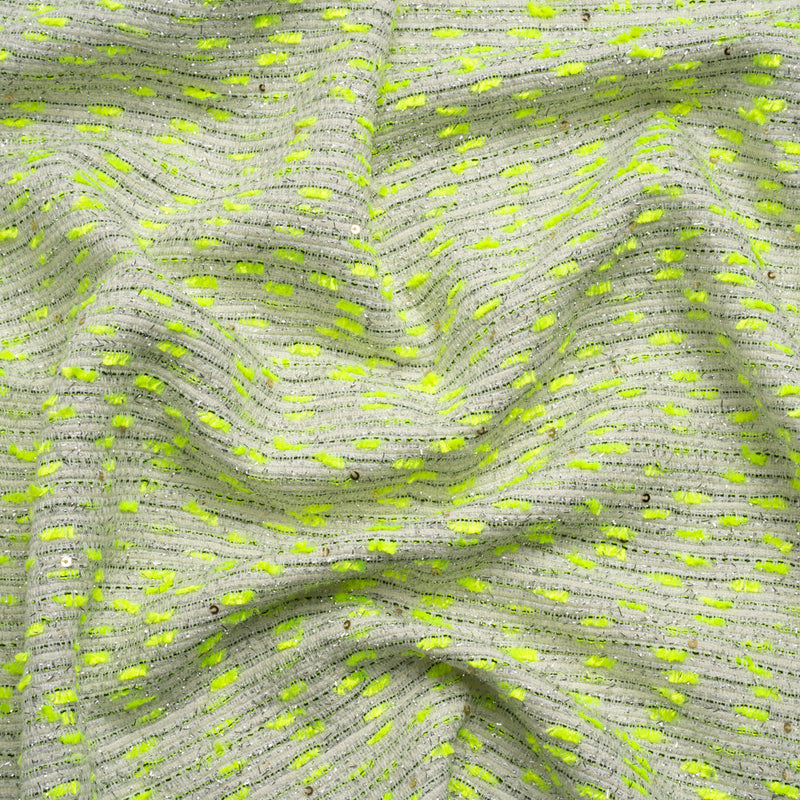 Chenille Woven with Sequins and Eyelash Fringe - White, Neon Yellow and Metallic Silver
