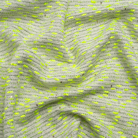 Chenille Woven with Sequins and Eyelash Fringe - White, Neon Yellow and Metallic Silver