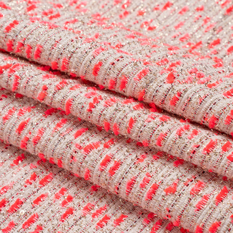 Chenille Woven with Sequins and Eyelash Fringe - White, Neon Pink and Metallic Gold