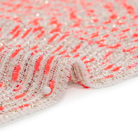 Chenille Woven with Sequins and Eyelash Fringe - White, Neon Pink and Metallic Gold
