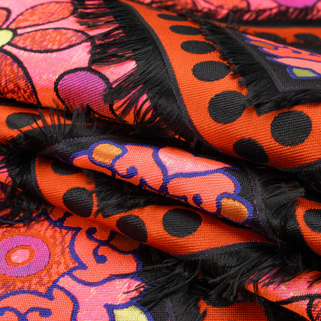 Hot Pink, Blue and Black Flowers and Fringed Diamonds Metallic Brocade