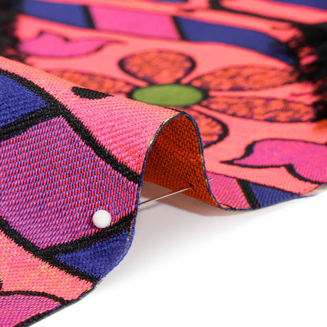 Hot Pink, Blue and Black Flowers and Fringed Diamonds Metallic Brocade