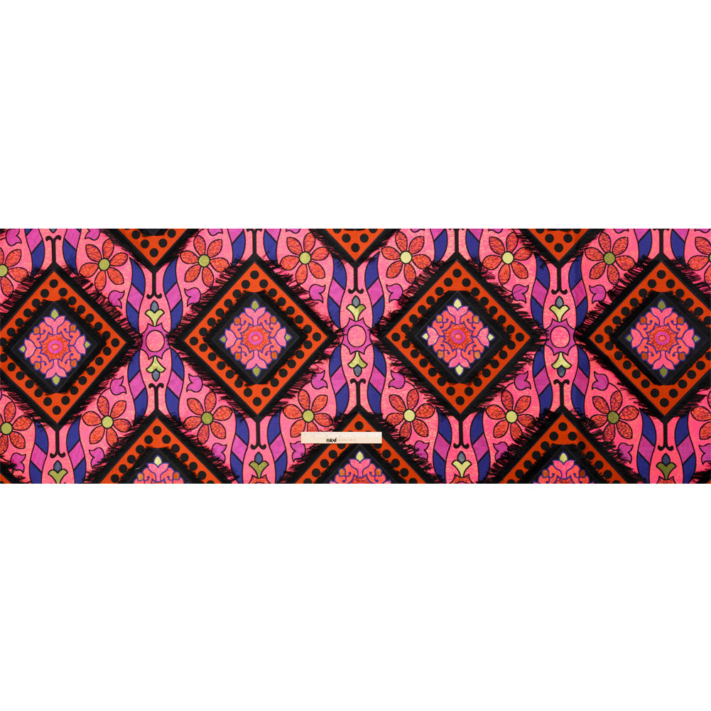 Hot Pink, Blue and Black Flowers and Fringed Diamonds Metallic Brocade