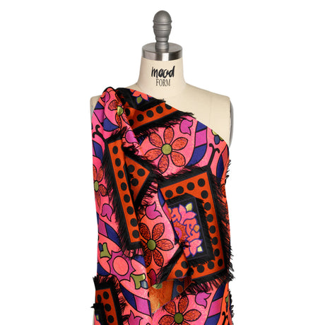 Hot Pink, Blue and Black Flowers and Fringed Diamonds Metallic Brocade
