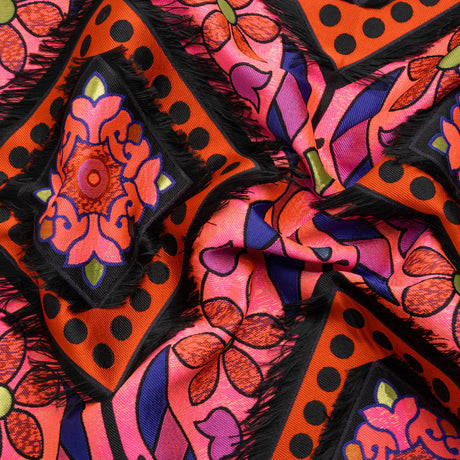 Hot Pink, Blue and Black Flowers and Fringed Diamonds Metallic Brocade