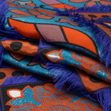 Teal, Orange and Blue Flowers and Fringed Diamonds Metallic Brocade