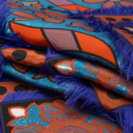 Teal, Orange and Blue Flowers and Fringed Diamonds Metallic Brocade