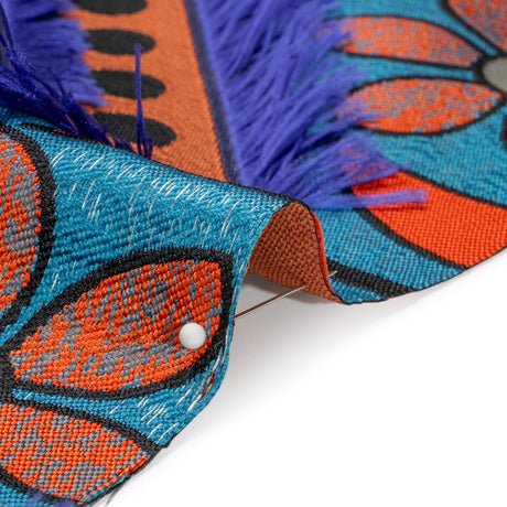 Teal, Orange and Blue Flowers and Fringed Diamonds Metallic Brocade
