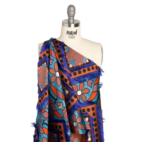 Teal, Orange and Blue Flowers and Fringed Diamonds Metallic Brocade