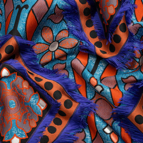Teal, Orange and Blue Flowers and Fringed Diamonds Metallic Brocade