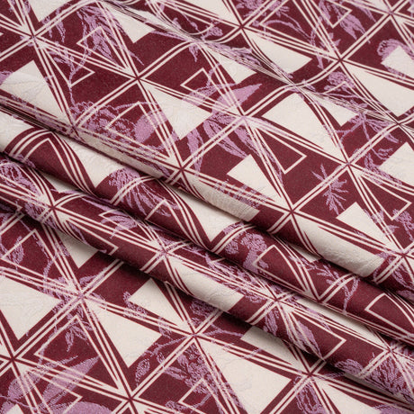 Stretch Flowers and Cranes Jacquard Print - Burgundy and White Triangles - Mood Exclusive Take Flight