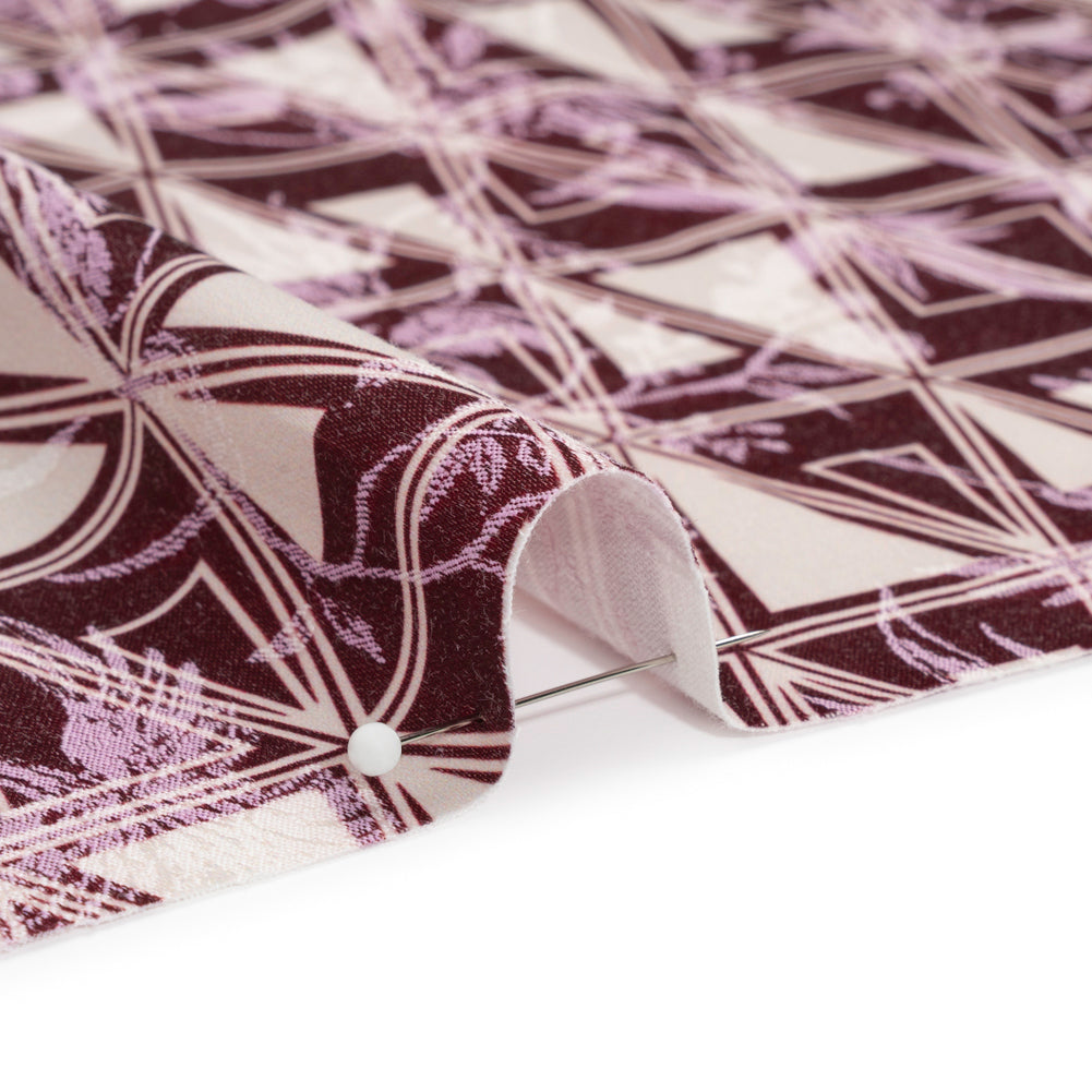 Stretch Flowers and Cranes Jacquard Print - Burgundy and White Triangles - Mood Exclusive Take Flight