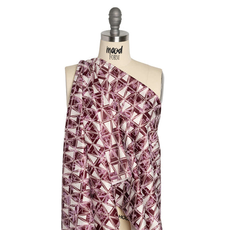 Stretch Flowers and Cranes Jacquard Print - Burgundy and White Triangles - Mood Exclusive Take Flight