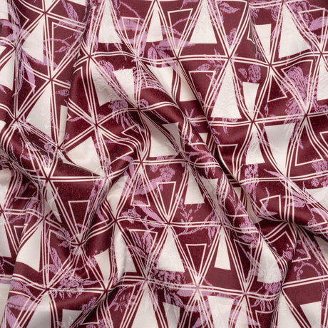 Stretch Flowers and Cranes Jacquard Print - Burgundy and White Triangles - Mood Exclusive Take Flight