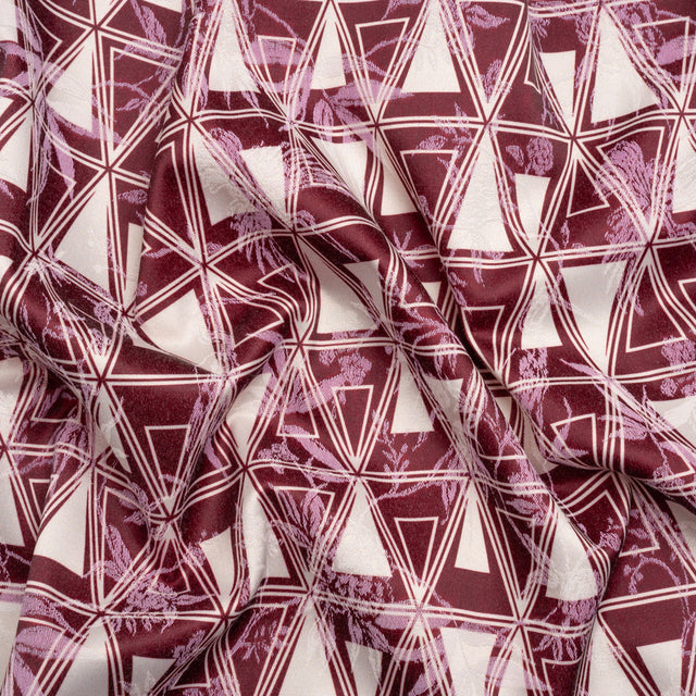 Stretch Flowers and Cranes Jacquard Print - Burgundy and White Triangles - Mood Exclusive Take Flight