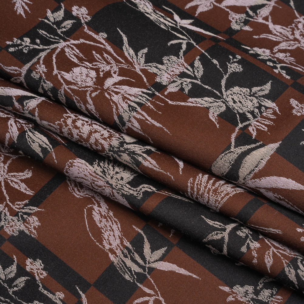 Stretch Flowers and Cranes Jacquard Print - Brown and Black Plaid - Mood Exclusive Long Live