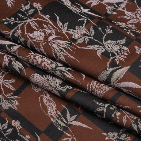 Stretch Flowers and Cranes Jacquard Print - Brown and Black Plaid - Mood Exclusive Long Live